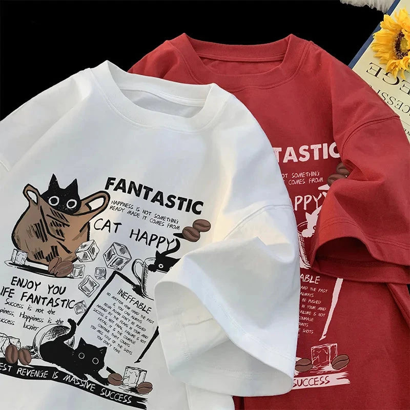 New Men Women T Shirt Pullover Oversize Korean version Cartoon Cat Group Printed T-Shirt Casual Short Sleeve Couples T-Shirt Vibey