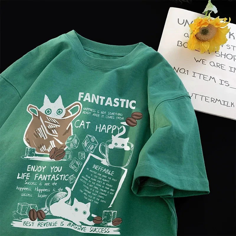 New Men Women T Shirt Pullover Oversize Korean version Cartoon Cat Group Printed T-Shirt Casual Short Sleeve Couples T-Shirt Vibey