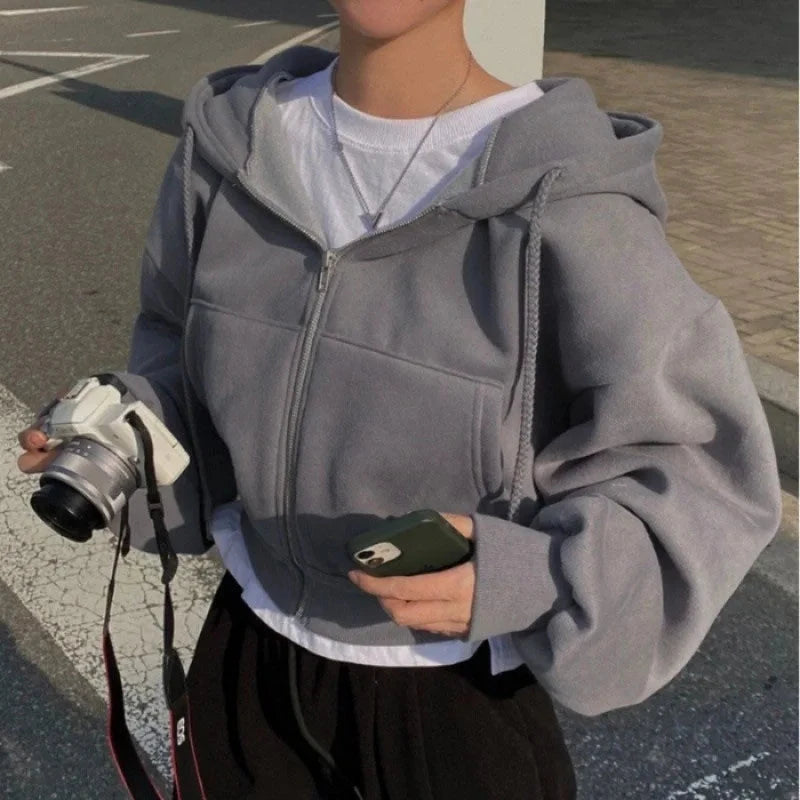 2024 Spring Autumn New Insfleece-lined Versatile Cropped Slims Smooths Silhouette Zip-up Warm Navy Blue Hooded Sweatshirt Women Vibey