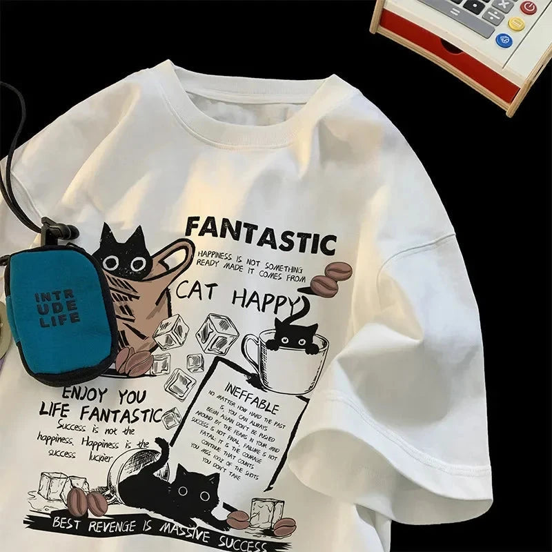 New Men Women T Shirt Pullover Oversize Korean version Cartoon Cat Group Printed T-Shirt Casual Short Sleeve Couples T-Shirt Vibey