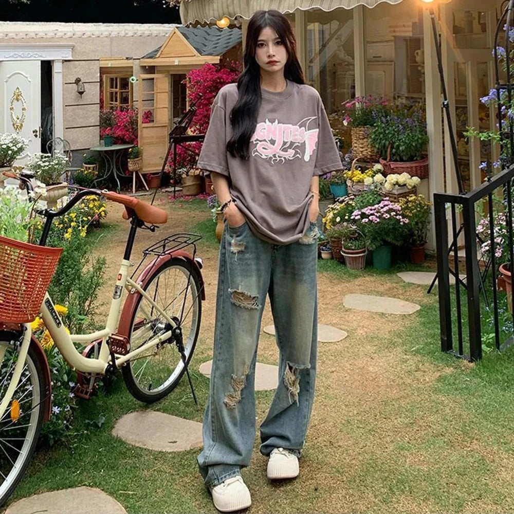 American Vintage Hole Y2k Women Jeans High Waist Jeans Wide Leg Baggy Loose Straight Hip Hop Streetwear Dragging Denim Pants Vibey