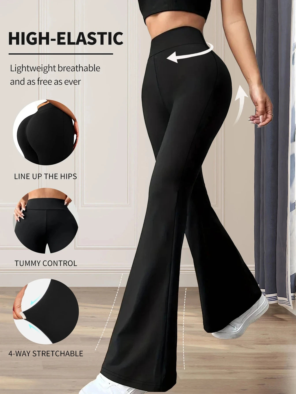 Women's spring and summer high waisted tight fitting flared pants, slim leg long black pants, thin wide leg pants for slim women Vibey