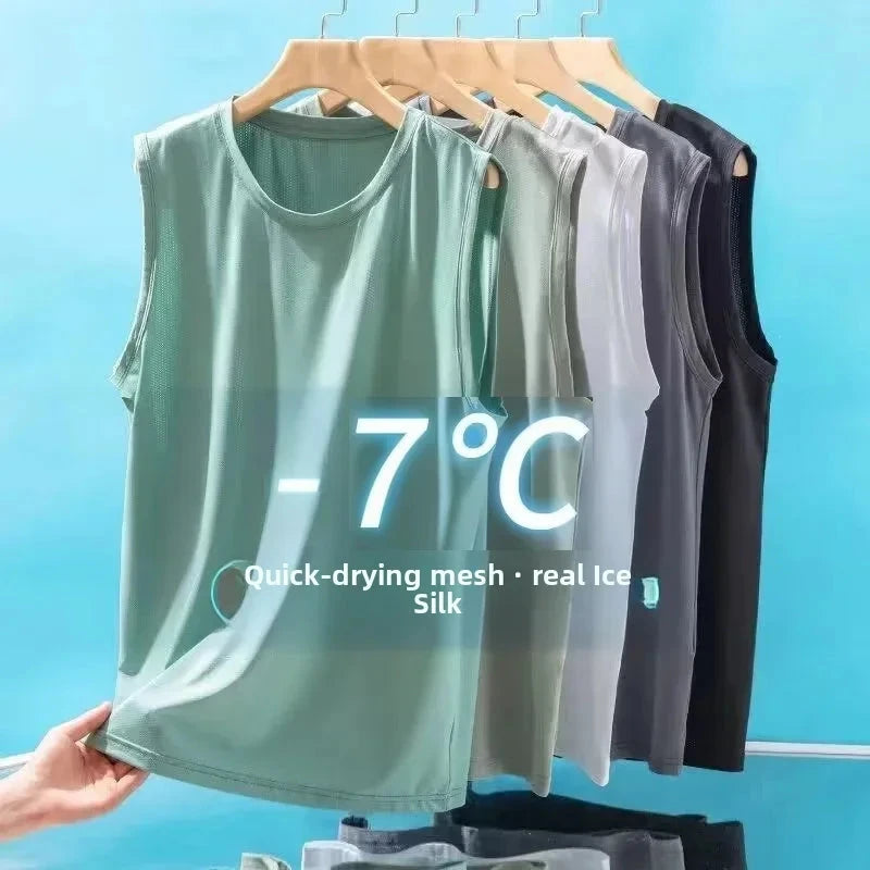 Men's Ice Silk Mesh Vest Lightweight Sports Summer Wear Sleeveless T-shirt Tank Top Casual Fashion Outerwear Vibey