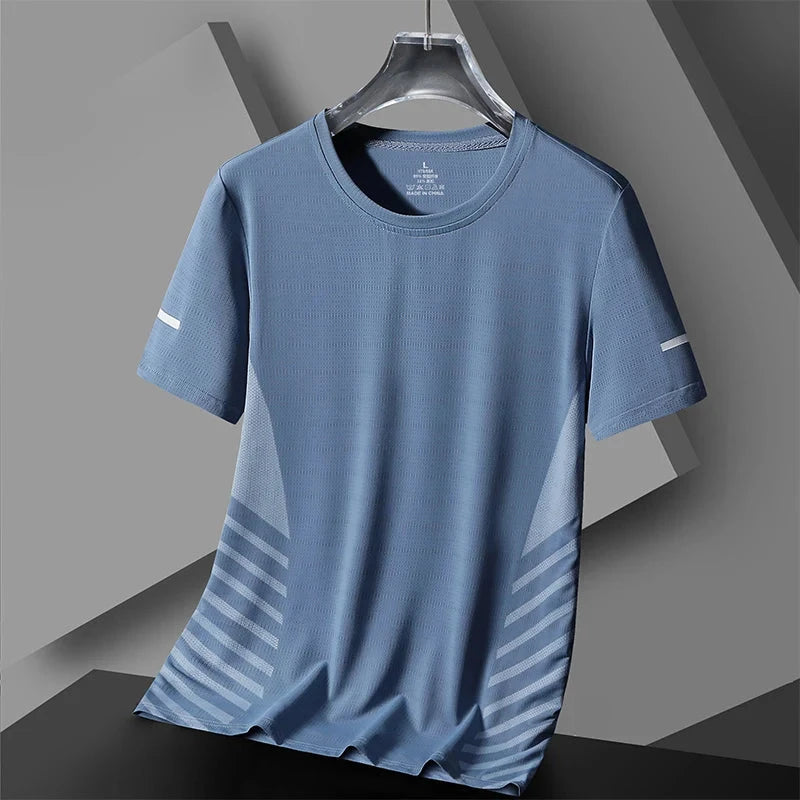 Running T-shirt Men Summer Ice Silk Thin Top Reflective Printing Quick Dry Short Sleeve Breathable Fitness Sports T-shirt 5XL Vibey