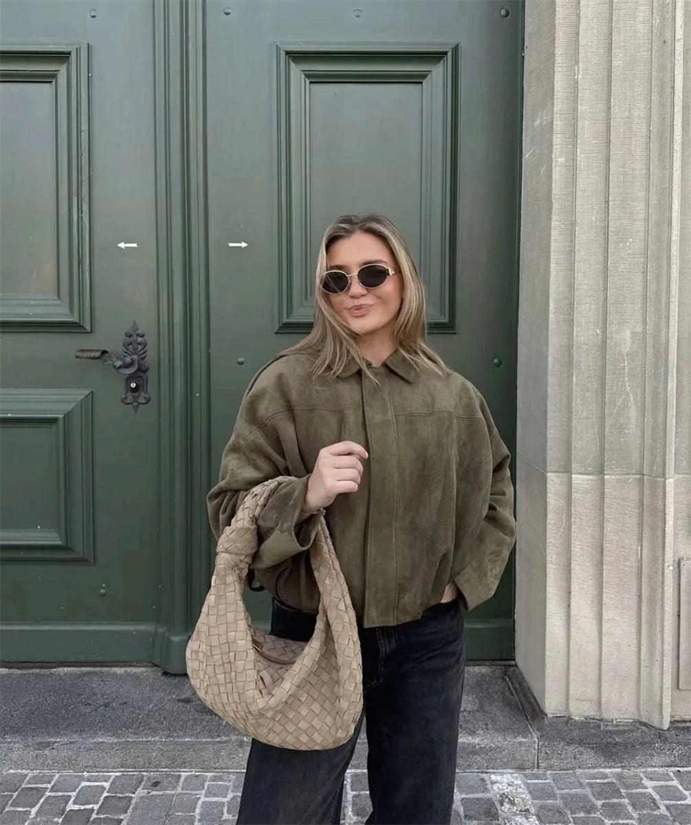 Women's Army Elegant Bomber Jackets Coats Fashion Turn-down Collar Long Sleeve Loose Coats Vintage Female Outerwear Chic Tops Vibey