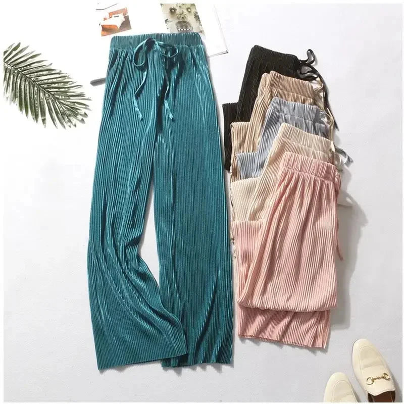 Women Fashion Summer Wide Leg Pants Pleated Ice Silk Trousers Elastic Waist Loose Casual Pants Vibey