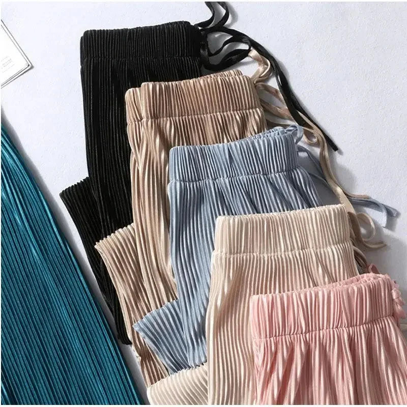 Women Fashion Summer Wide Leg Pants Pleated Ice Silk Trousers Elastic Waist Loose Casual Pants Vibey