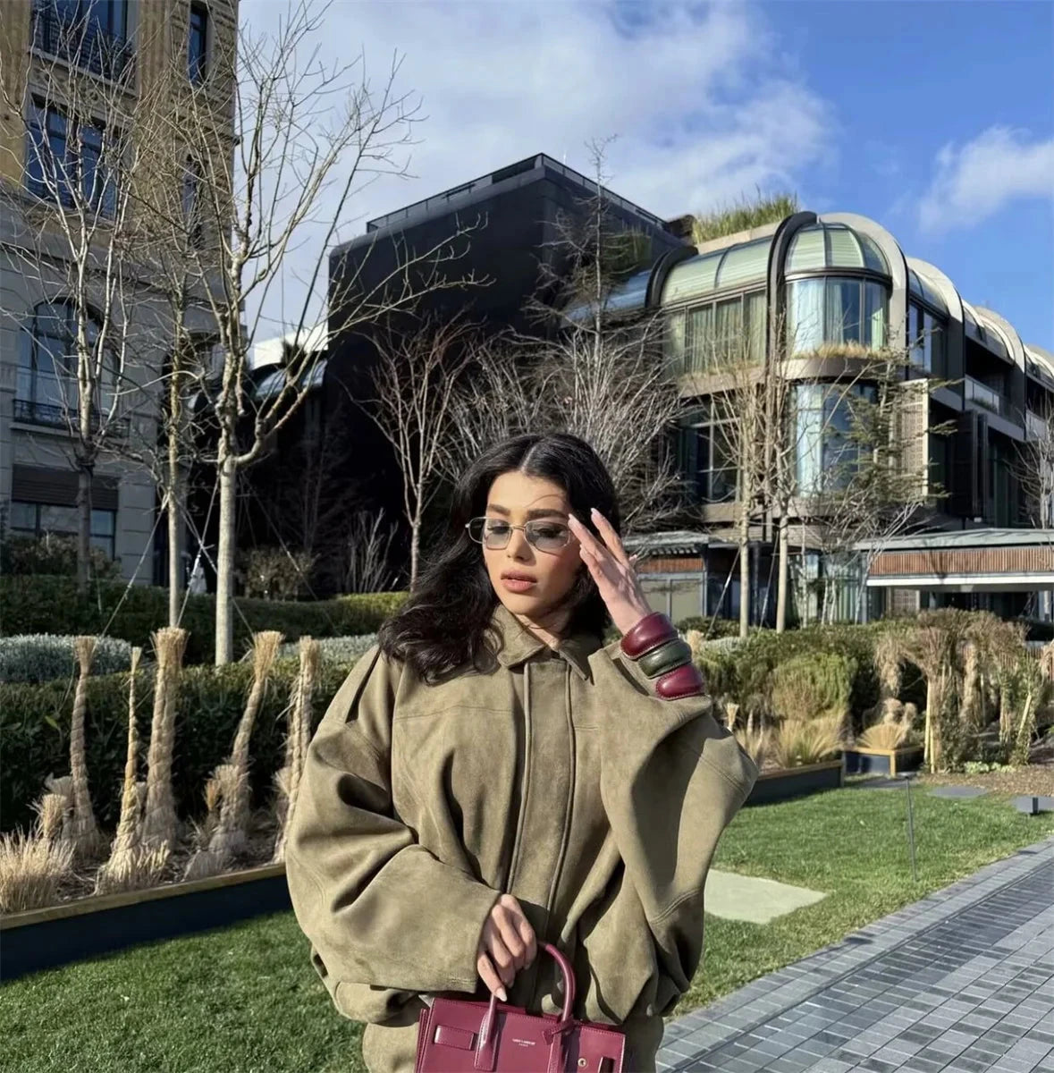 Women's Army Elegant Bomber Jackets Coats Fashion Turn-down Collar Long Sleeve Loose Coats Vintage Female Outerwear Chic Tops Vibey