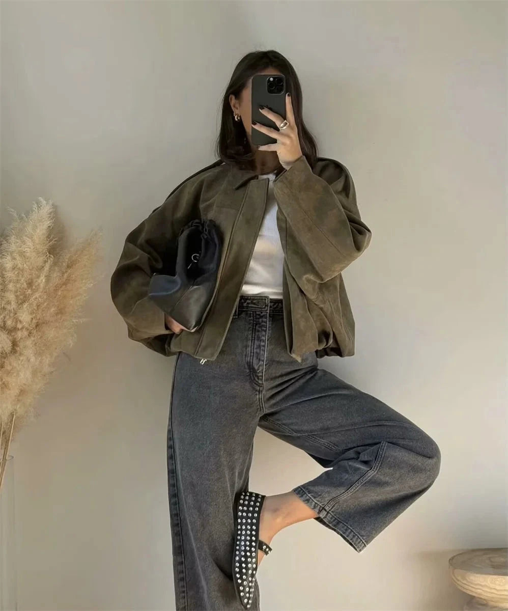 Women's Army Elegant Bomber Jackets Coats Fashion Turn-down Collar Long Sleeve Loose Coats Vintage Female Outerwear Chic Tops Vibey