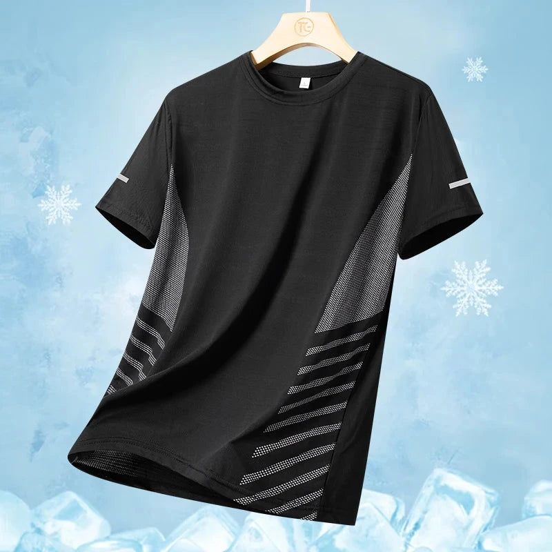 Running T-shirt Men Summer Ice Silk Thin Top Reflective Printing Quick Dry Short Sleeve Breathable Fitness Sports T-shirt 5XL Vibey