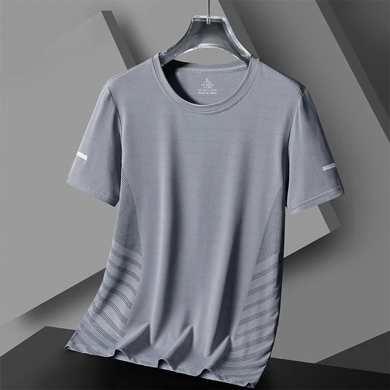 Running T-shirt Men Summer Ice Silk Thin Top Reflective Printing Quick Dry Short Sleeve Breathable Fitness Sports T-shirt 5XL Vibey