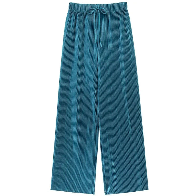 Women Fashion Summer Wide Leg Pants Pleated Ice Silk Trousers Elastic Waist Loose Casual Pants Vibey