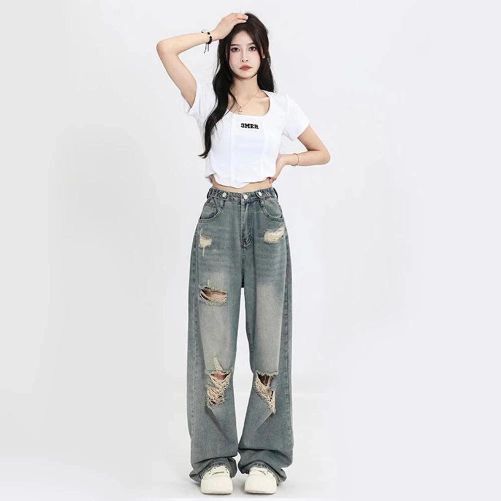 American Vintage Hole Y2k Women Jeans High Waist Jeans Wide Leg Baggy Loose Straight Hip Hop Streetwear Dragging Denim Pants Vibey