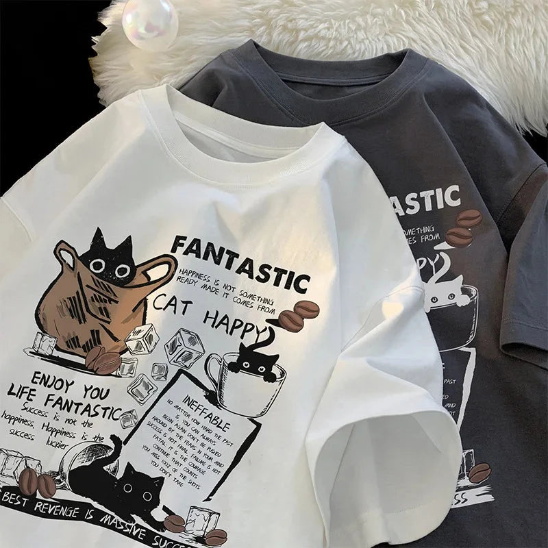 New Men Women T Shirt Pullover Oversize Korean version Cartoon Cat Group Printed T-Shirt Casual Short Sleeve Couples T-Shirt Vibey