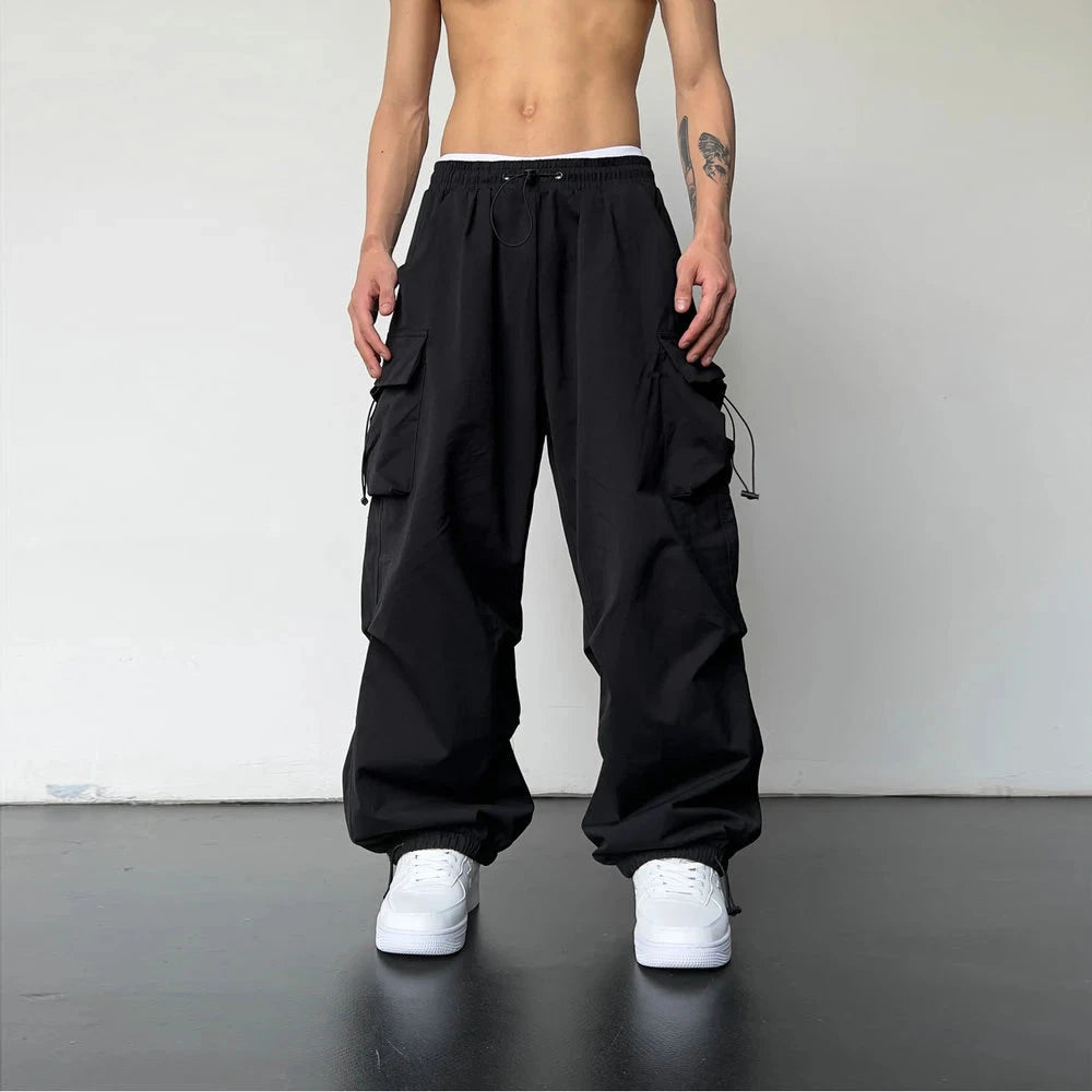 Spring Summer Fashion Casual Pans For Men Streetwear Solid Color Cargo Pants Elastic Waist Wide Leg Men's Joggers Vibey