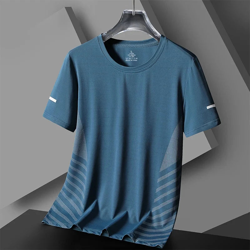 Running T-shirt Men Summer Ice Silk Thin Top Reflective Printing Quick Dry Short Sleeve Breathable Fitness Sports T-shirt 5XL Vibey