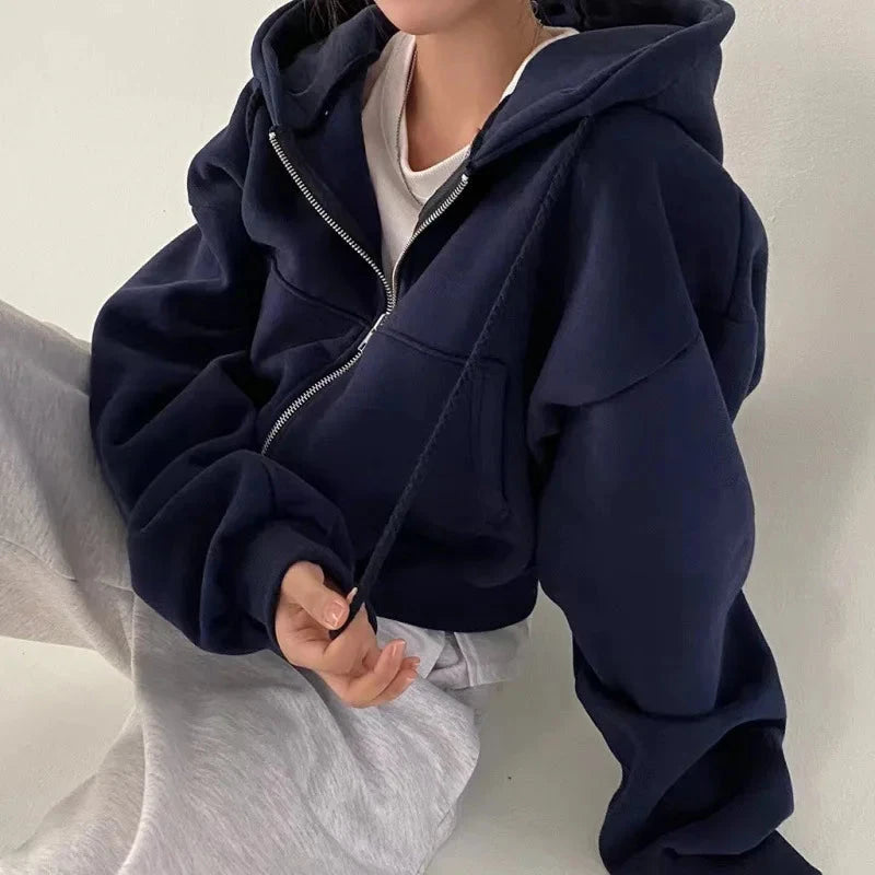 2024 Spring Autumn New Insfleece-lined Versatile Cropped Slims Smooths Silhouette Zip-up Warm Navy Blue Hooded Sweatshirt Women Vibey