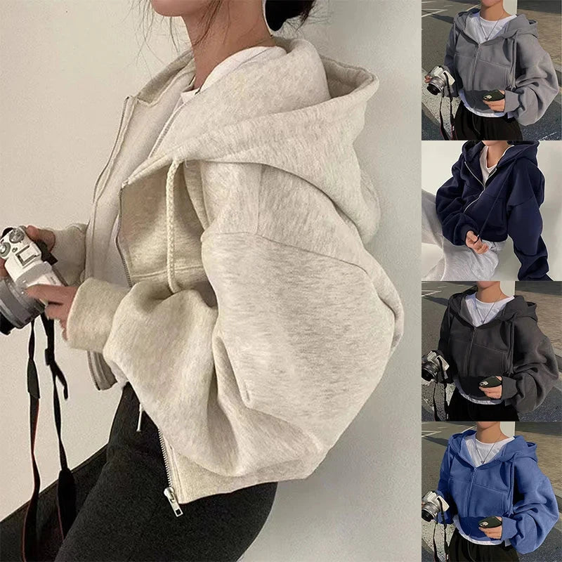 2024 Spring Autumn New Insfleece-lined Versatile Cropped Slims Smooths Silhouette Zip-up Warm Navy Blue Hooded Sweatshirt Women Vibey