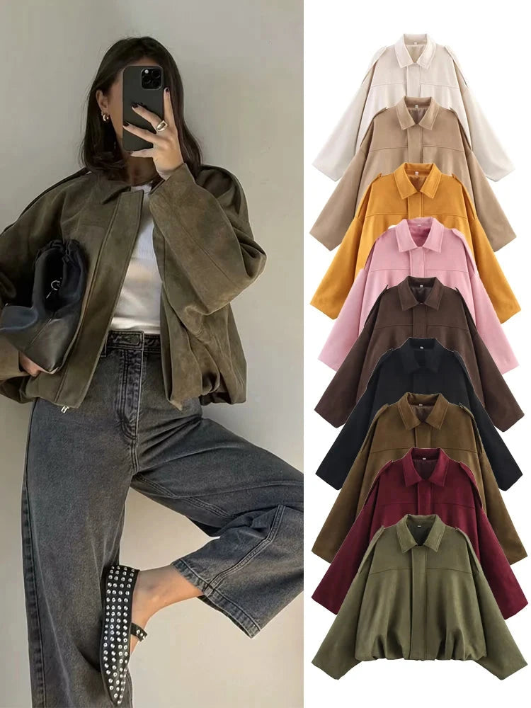 TFMLN Women Suede Bomber Jacket Spring New Fashion Long Sleeve Zipper Oversize Solid Bomber Coat Chic Lady 2025 Streetwear Vibey