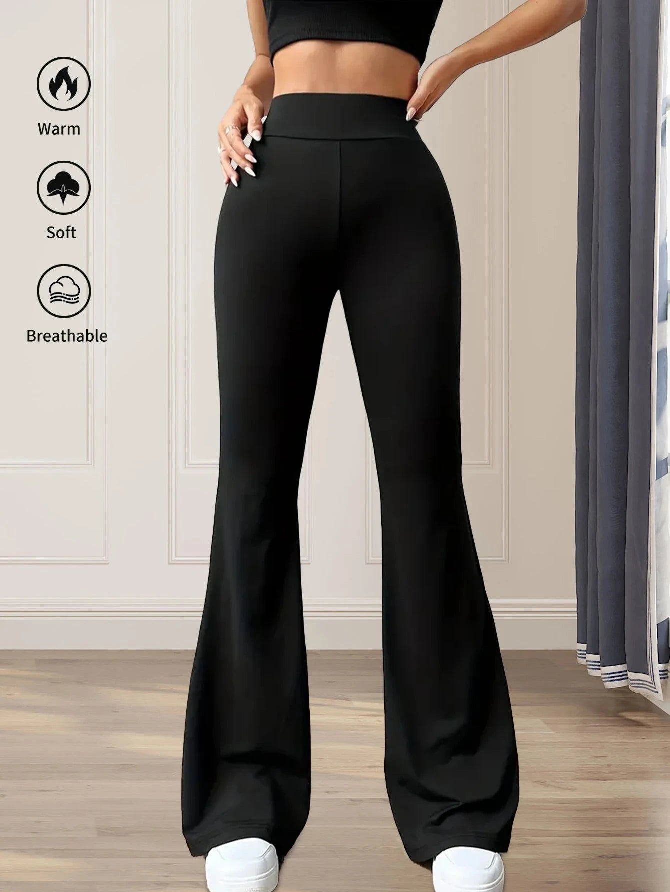 Women's spring and summer high waisted tight fitting flared pants, slim leg long black pants, thin wide leg pants for slim women Vibey