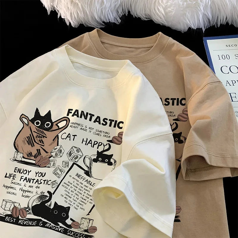 New Men Women T Shirt Pullover Oversize Korean version Cartoon Cat Group Printed T-Shirt Casual Short Sleeve Couples T-Shirt Vibey