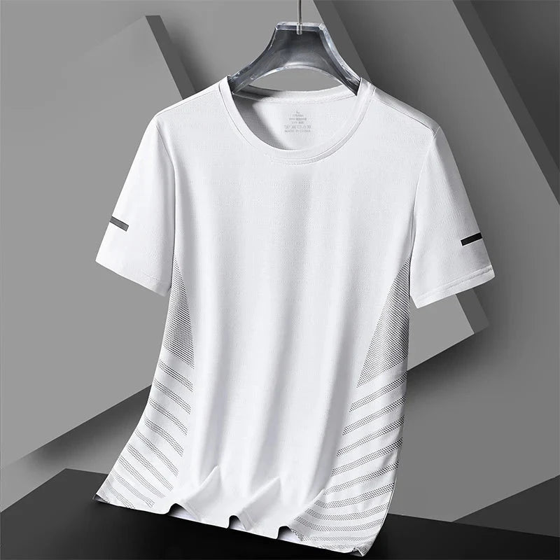 Running T-shirt Men Summer Ice Silk Thin Top Reflective Printing Quick Dry Short Sleeve Breathable Fitness Sports T-shirt 5XL Vibey