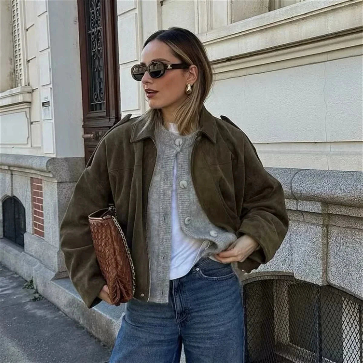 Women's Army Elegant Bomber Jackets Coats Fashion Turn-down Collar Long Sleeve Loose Coats Vintage Female Outerwear Chic Tops Vibey