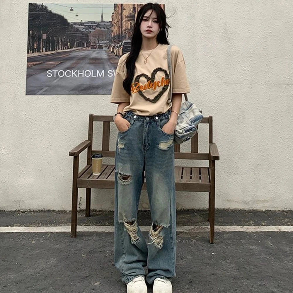 American Vintage Hole Y2k Women Jeans High Waist Jeans Wide Leg Baggy Loose Straight Hip Hop Streetwear Dragging Denim Pants Vibey