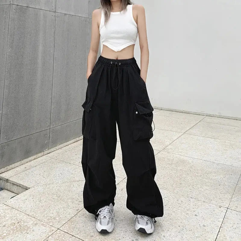 Women's loose oversized multi pocket black multi-color casual pants with wide legs Vibey