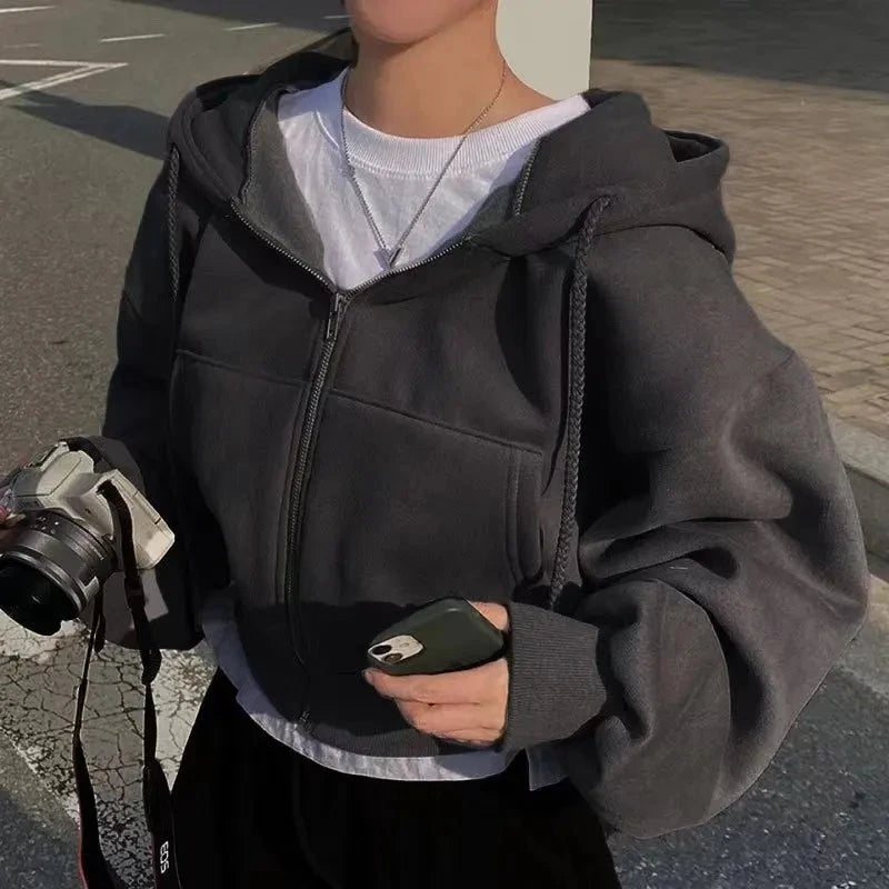 2024 Spring Autumn New Insfleece-lined Versatile Cropped Slims Smooths Silhouette Zip-up Warm Navy Blue Hooded Sweatshirt Women Vibey