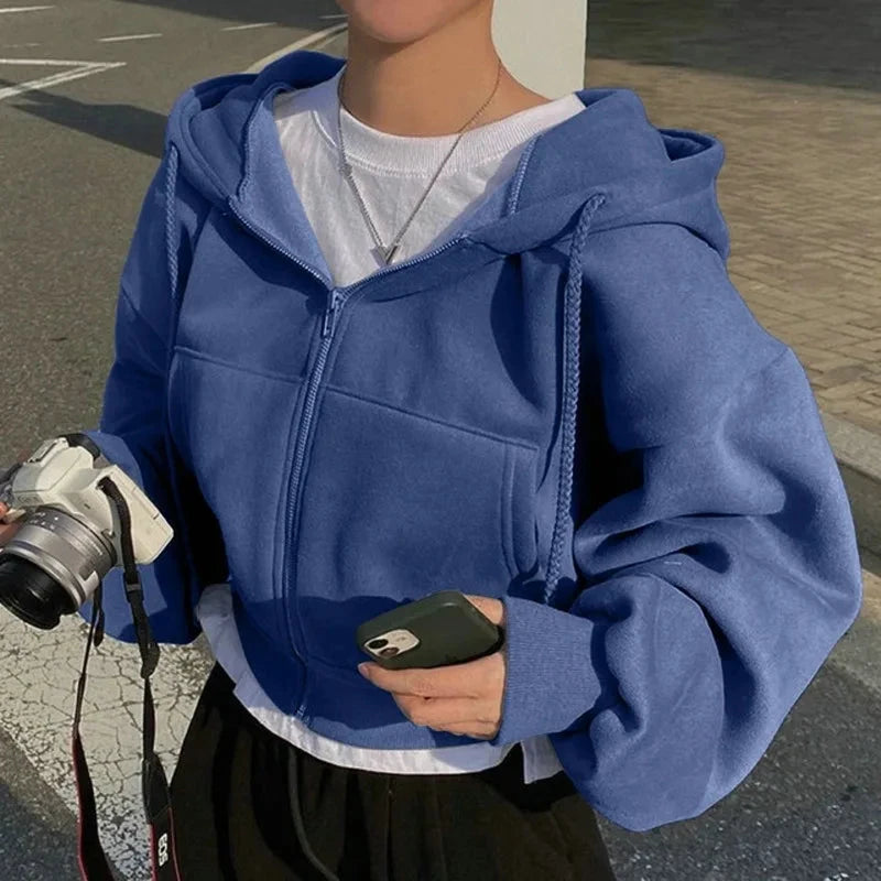 2024 Spring Autumn New Insfleece-lined Versatile Cropped Slims Smooths Silhouette Zip-up Warm Navy Blue Hooded Sweatshirt Women Vibey