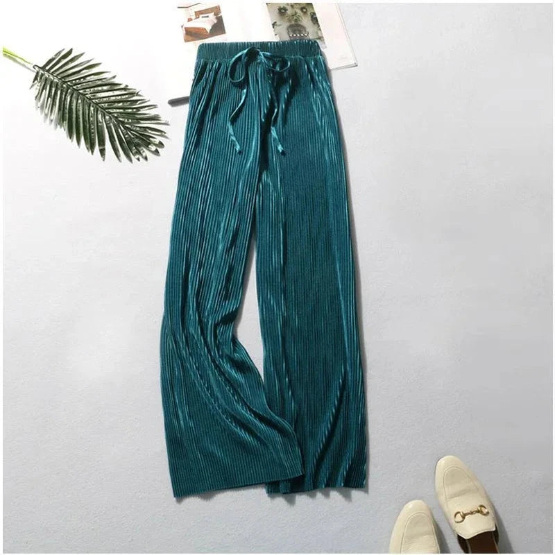 Women Fashion Summer Wide Leg Pants Pleated Ice Silk Trousers Elastic Waist Loose Casual Pants Vibey