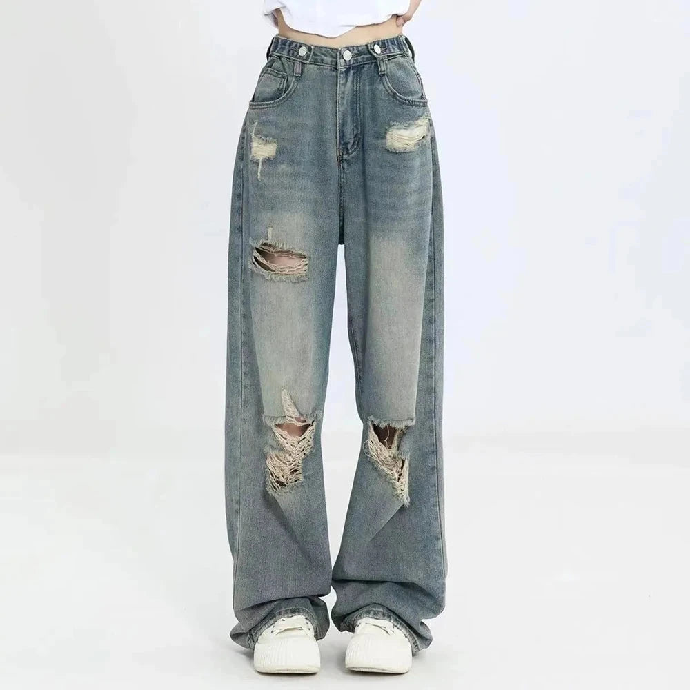 American Vintage Hole Y2k Women Jeans High Waist Jeans Wide Leg Baggy Loose Straight Hip Hop Streetwear Dragging Denim Pants Vibey