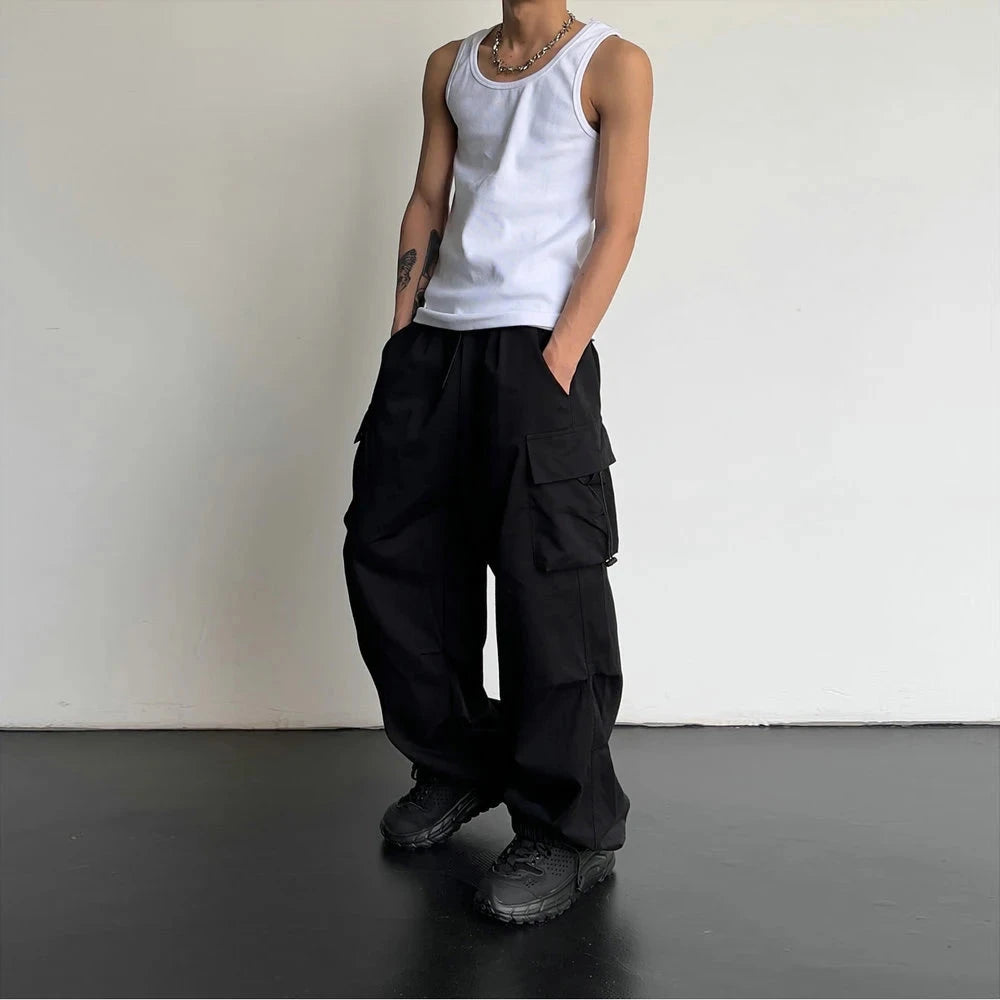 Spring Summer Fashion Casual Pans For Men Streetwear Solid Color Cargo Pants Elastic Waist Wide Leg Men's Joggers Vibey