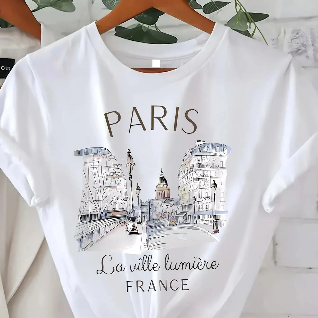 90s T Shirt Paris Women Print T-shirt Girl Short Sleeve Crew Neck Casual Top for Summer Spring Women's Clothing Vibey