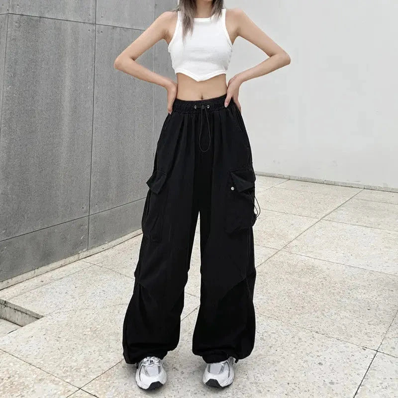 Women's loose oversized multi pocket black multi-color casual pants with wide legs Vibey