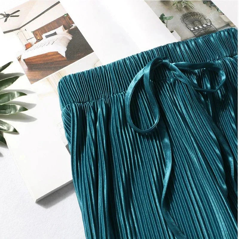 Women Fashion Summer Wide Leg Pants Pleated Ice Silk Trousers Elastic Waist Loose Casual Pants Vibey