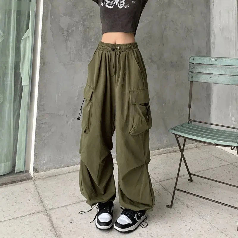 Women's loose oversized multi pocket black multi-color casual pants with wide legs Vibey