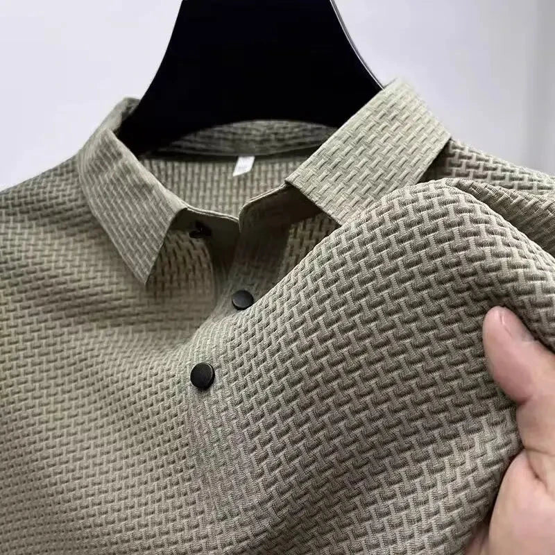 Summer New Men's Lop-up Hollow Short-sleeved Polo Tee Shirt Ice Silk Breathable Business Fashion T-Shirt Male Brand Clothes Vibey