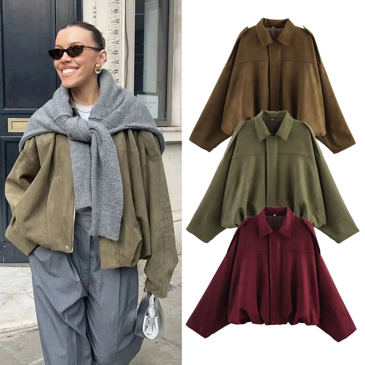 Women's Army Elegant Bomber Jackets Coats Fashion Turn-down Collar Long Sleeve Loose Coats Vintage Female Outerwear Chic Tops Vibey