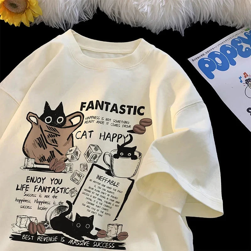 New Men Women T Shirt Pullover Oversize Korean version Cartoon Cat Group Printed T-Shirt Casual Short Sleeve Couples T-Shirt Vibey