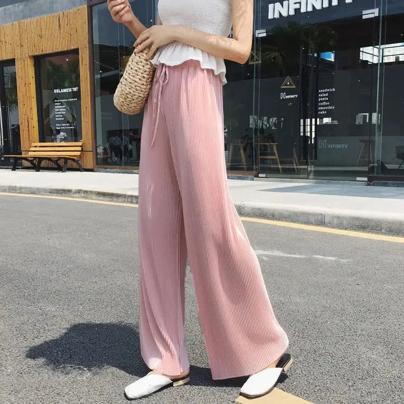 Women Fashion Summer Wide Leg Pants Pleated Ice Silk Trousers Elastic Waist Loose Casual Pants Vibey
