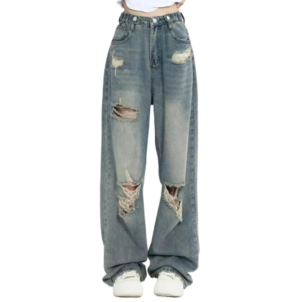 American Vintage Hole Y2k Women Jeans High Waist Jeans Wide Leg Baggy Loose Straight Hip Hop Streetwear Dragging Denim Pants Vibey