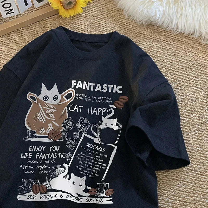 New Men Women T Shirt Pullover Oversize Korean version Cartoon Cat Group Printed T-Shirt Casual Short Sleeve Couples T-Shirt Vibey